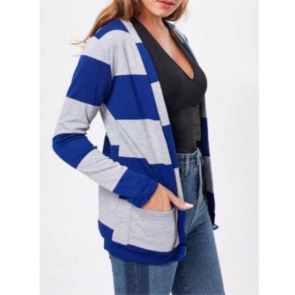 Sweaters - Blue/Gray Striped Open Front Cardigan
